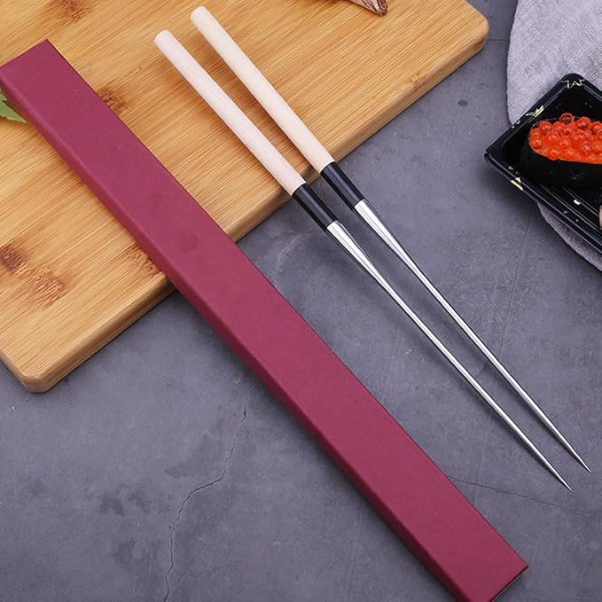 Angoily 2pcs Sashimi Long Chopsticks Stainless Steel Wooden Noodles Chopstick Japanese Cooking Frying Moribashi Sushi Korean Handle Travel Non-slip