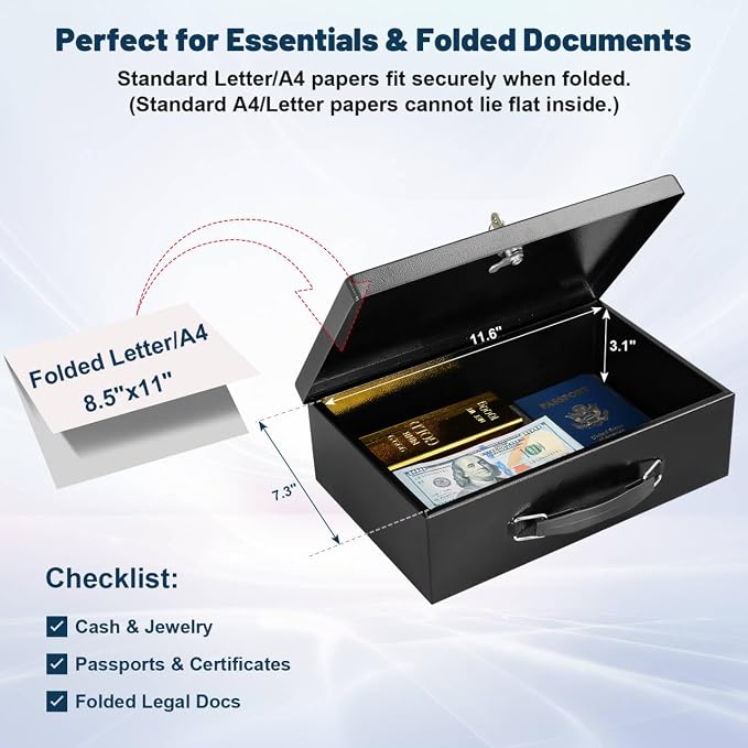 KYODOLED Fireproof Document Box with Key Lock, Small Lock Boxes for Personal Items, Fire and Water Resistance, Fireproof Safe Box for Documents, Jewelry, Passport, Cash, 12.6'' x 8.3'' x 3.58'' Black