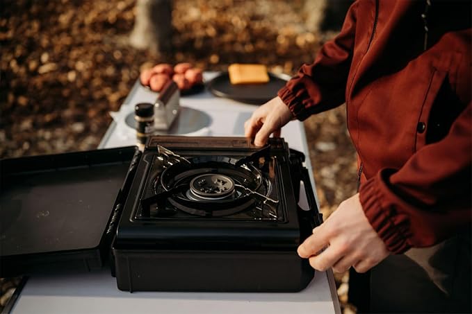 GasOne 10,000 BTU Dual Fuel Camp Stove – Butane and Propane Burner Portable Stove Camping Grill with Adjustable Heat Dial, Carry Case, Automatic Electric Ignition – Safe and Durable Construction