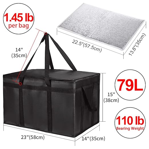 2-Pack Insulated Food Delivery Bag with Hard Bottom, 3X-Large, Black | Commercial Food Warmers for Delivery Drivers, Reusable Grocery Shopping Cooler/Hot Bags, Tote for Picnic/Travel, Heavy Duty