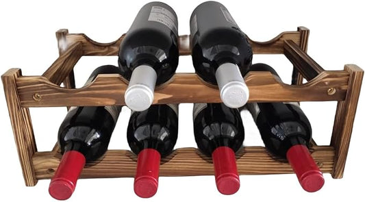 8-Bottle Wood Wine Rack - 2-Tier Countertop Wine Bottle Holder for Kitchen, Bar, Pantry, Dining Room | Small Freestanding Stackable Liquor Storage Organizer, Carbonized Pine