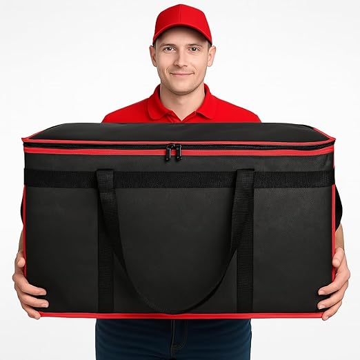 Bodaon Insulated Food Delivery Bag with Hard Bottom, 3XL, Black-Red, 1PK | Stable and Durable Catering Bag, Large Capacity Thermal Cooler Tote for Hot and Cold Food Transport for Restaurant Deliveries