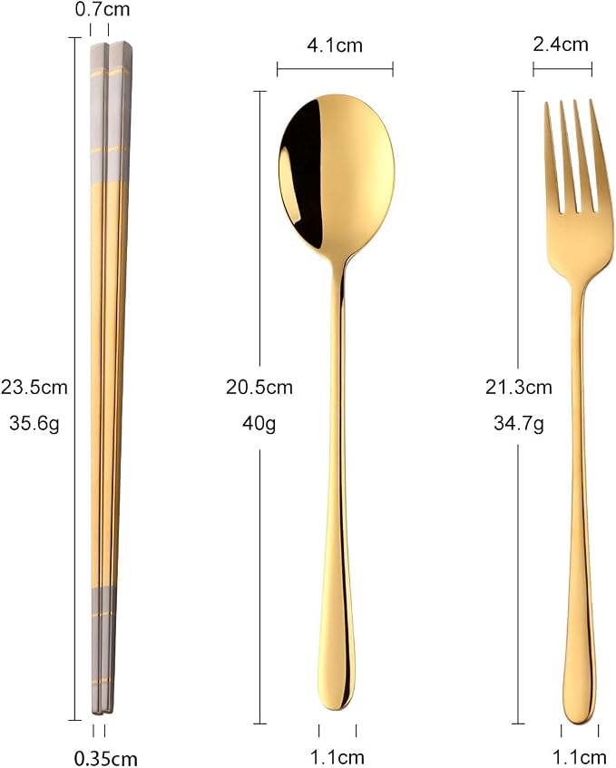 Buyer Star Stainless Steel Korean Chopsticks Spoons and Fork Set, 2 Pack Reusable Forks and Spoons Silverware Korean Utensil Set, Portable Utensils Dinnerware for Home (Gold)
