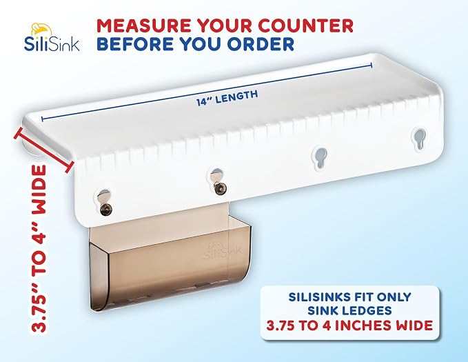 SiliProducts SiliSink Silicone Sink Edge Guard for Kitchen Sink - Fits 3.75” - 4” Wide - The Original Silicone Edge Protector with Sponge Caddy, 14” White