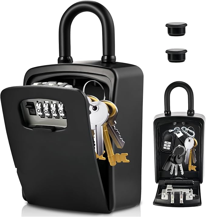 XXL Large Key Lock Box, 5.5"x4.1"x2.1", Upgraped Material | Waterproof Kirsite Combination Lockbox for Keys Outdoor, Portable Key Lock Box Wall Mount with Code (1 Pack, Black)