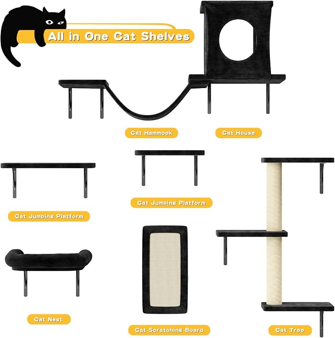 6-in-1 Cat Wall Shelves, Wall Mounted Cat Climber with Condo House, Scratching Post, Bridge Ladder, Space-Saving Indoor Play Furniture for Kittens, Black