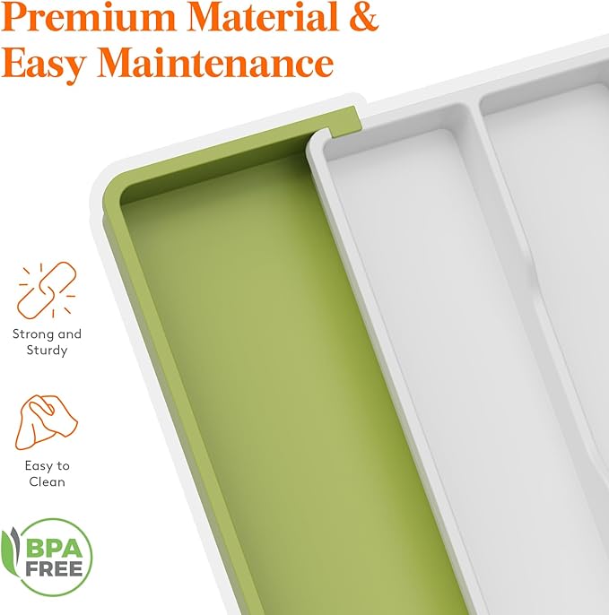 Lifewit Utensil Organizer for Kitchen Drawers, Expandable Cooking Utensil Tray, Adjustable Cutlery Silverware Flatware Holder, Spatula Tools and Gadgets Storage Divider, 13"-22.4" x 15", Green&White