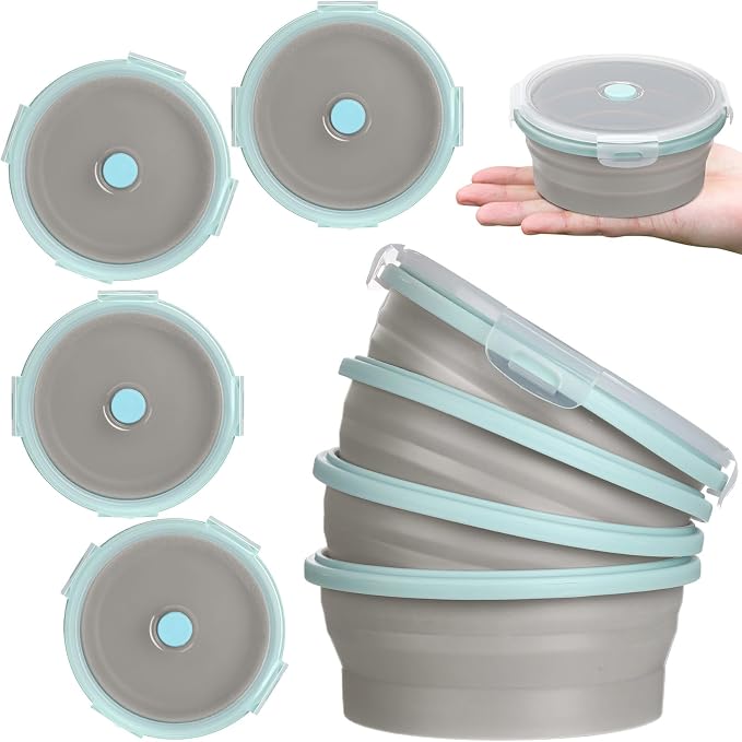 4 Pcs Collapsible Bowls with Lids Silicone Camping Food Storage Container Expandable Folding Salad Lunch Box Travel Container for Hiking Camping