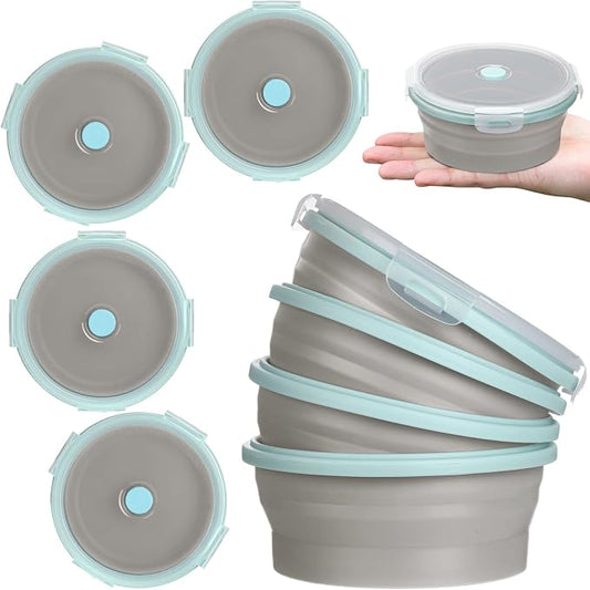 4 Pcs Collapsible Bowls with Lids Silicone Camping Food Storage Container Expandable Folding Salad Lunch Box Travel Container for Hiking Camping