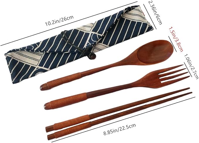 Wooden Cutlery Set Chopsticks Spoon Fork with Tied Line, Bamboo Outdoor Camping Travel Utensils Reusable Tableware Spoon for Eating with Cloth Bag (4 Pack)