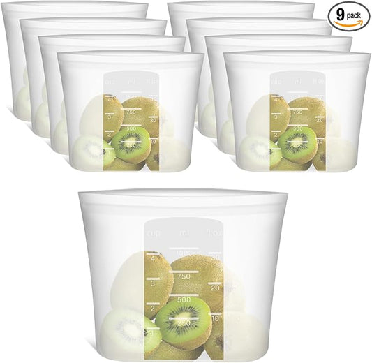100% Silicone Reusable Storage Bag Quart Size, 9 Pack Stand-Up Wide-Mouth Zip-Lock Food Storage Bags, Easy-Fill Easy-Open Easy-Clean Space-Saving, Microwave & Dishwasher Safe, 34oz, Translucent