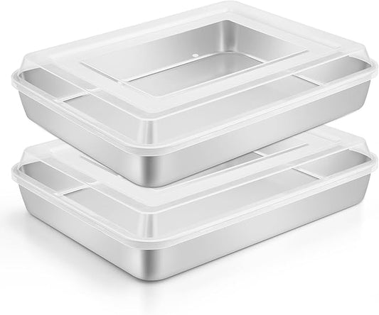Leonyo Bakeware Cake Pan with Lid, 9.3 x 7 Inch Rectangle Lasagna Pan with Lid, Stainless Steel Baking Trays for Commercial Kitchen, Focaccia Bread, Casserole Dish - 2 Inch Deep, Refrige & Oven Safe