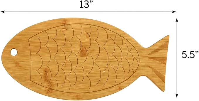 JB Home Collection, Fish Shaped Bamboo Cutting Board 13"x5.5", Premium Wood Serving Board for Fish, Appetizers, Sushi, Cheese, or Charcuterie