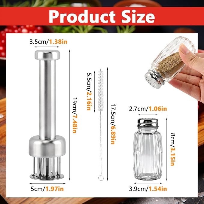 Stainless Steel Meat Tenderizer Tool, 21 Sharp Needles for Steak, Beef | Chicken Meat Tenderizer with Cleaning Brush and Seasoning Jars, Tenderizing for Chicken, Pork, Barbecue, Marinating Prep Tool