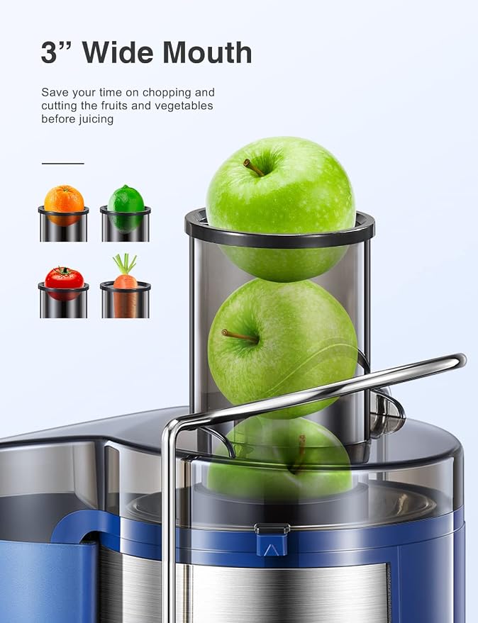 QCen Juicer Machine 500W Centrifugal Juicer with Extra Wide Feed Chute | For Fruits And Vegetables, Stainless Steel, BPA-Free Parts, Easy To Clean, Blue, Compact Countertop Juicer