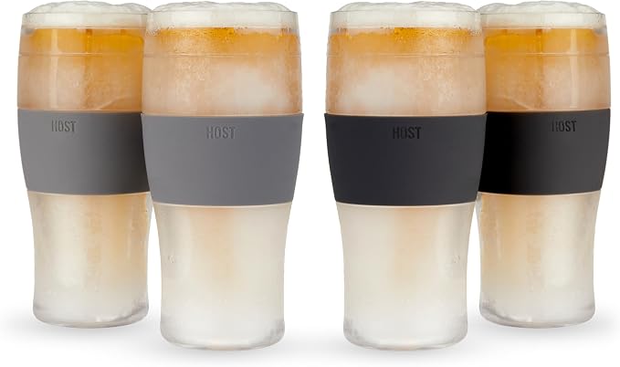 HOST Freeze Beer Glasses, 16 ounce Freezer Gel Chiller Double Wall Plastic Frozen Pint Glass, Set of 4, Black and Grey
