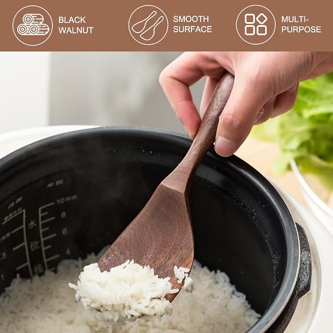 Black Walnut Wooden Cooking Spoons Set - 1 Flat + 1 Angled Rice Scooper, Durable & Eco-Friendly for Cooking & Serving - Perfect for Kitchen Enthusiasts and Gourmet Lovers