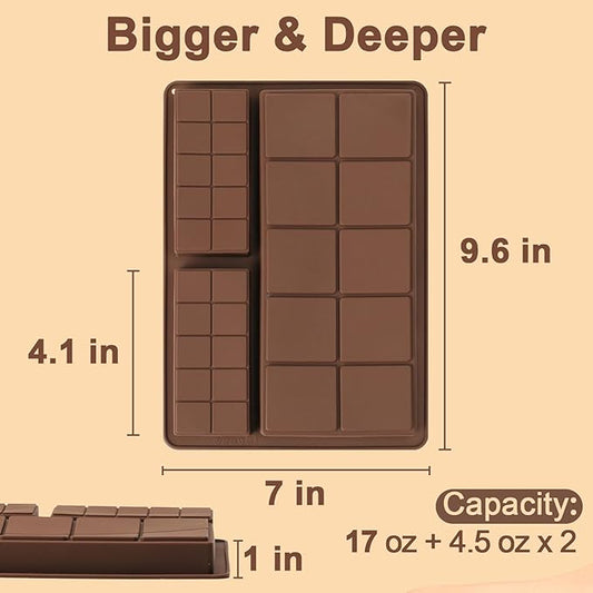 Chocolate Bar Mold, 1 Inch Deep Chocolate Molds Silicone for Homemade Dubai Pistachio/Candy/Snacks, 2 Pcs Large Silicone Molds with Three Bars Cavities, Food Grade and Break Apart