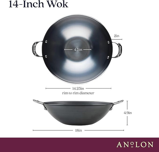 Anolon Everlast N2 Carbon Steel Wok/Stir-Fry Pan, Compatible with All Cooktops, Metal Utensil Safe, 14 Inch - Black