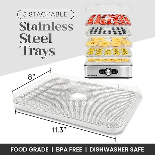 Elite Gourmet EFD3321 Food Dehydrator, Stainless Steel Trays & Finish | Adjustable temperature controls - makes jerky, herbs, fruit & veggies into dried snacks - doubles for meat & herb drying too