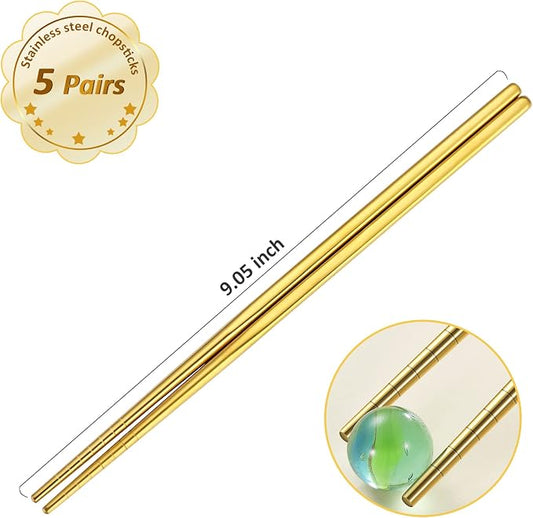 Gold Stainless Steel Chopsticks - Reusable Chopsticks - 5 Pairs Dishwasher Safe Metal Chopsticks - Easy to Use - Pressure Line Lightweight Chop Sticks- Gift Set（9 Inch ）