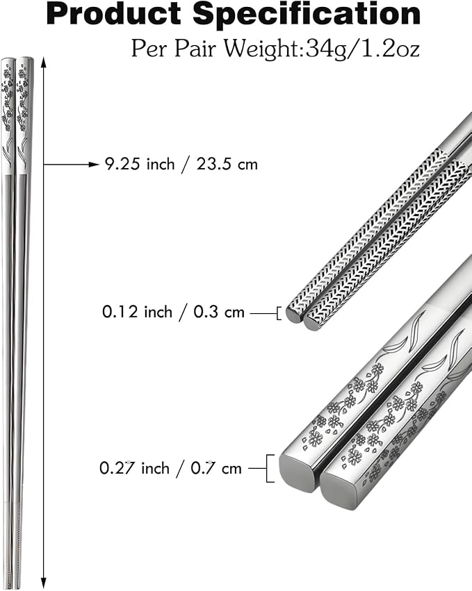 Metal Chopsticks,SUS304 Stainless Steel,5 Pairs Gift set,Mixed Pattern | Reusable, Dishwasher Safe,Non-Slip Grip,Good for Beginners,Come in a Gift Box,SUS304 Resistant to Rust,Square,Silver,9.25''