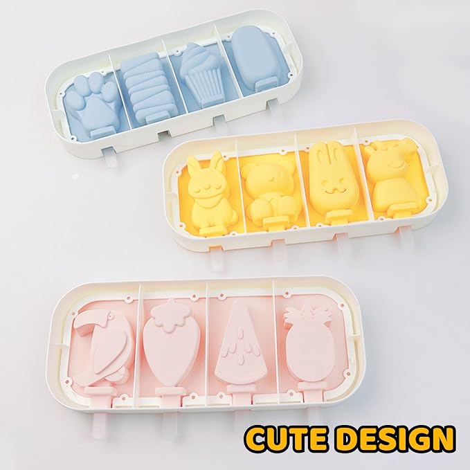 Cartoon Shape Popsicles Molds 3Pcs Cute Ice Cream Mold Maker Easy-Release Homemade Ice Pop Tray Silicone with Lid & Stick (Fruit+Fruit+Fruit)…