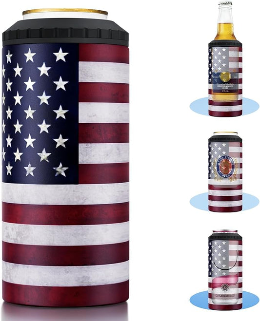 3 in 1 Slim Can Cooler for 12 OZ Skinny Can, Regular Can & Beer Bottle - Keep Cold for 6 Hours - Double Walled Insulated Stainless Steel Vacuum Beverage Insulator (US Flag)