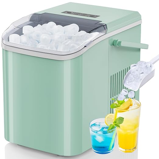 DUMOS Countertop Ice Maker with Handle, 26lbs/24H Portable Ice Machine, 9 Bullet Cubes Ready in 6 Mins, Self-Cleaning, Quiet Compact for Home, Kitchen, RV, Camping, Bright Green