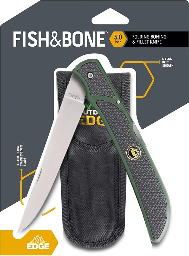 OUTDOOR EDGE Fish & Bone - Folding Fillet Knife with 5.0" 440A Stainless Steel Blade for Fish and Processing Big Game - Pocket Clip