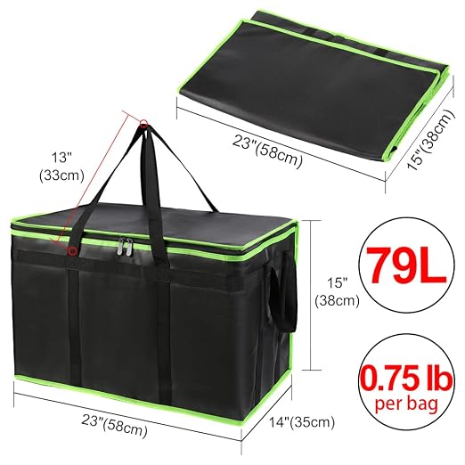 1-Pack Insulated Food Delivery Bag, XXX-Large Commercial Food Warmer for Delivery Drivers, Insulated Reusable Grocery Cooler/Hot Bags, Tote Bag for Shopping/Travel, Black with Green Edge