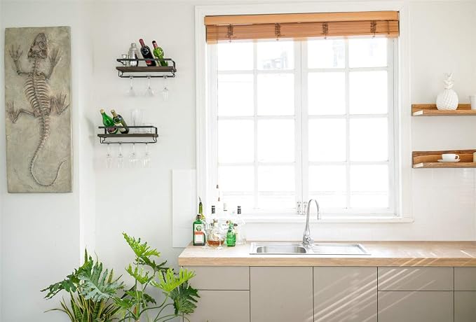 Mkono Wall Mounted Wine Rack Set of 2 Wood Rustic Wine Bottle Glass Floating Shelves with Stemware Hanger Modern Plants Photos Wine Display Storage Holder for Kitchen Dining Room Bar, 17 Inch | Space Saving, Stem Hanger, Floating Design, Store Wine Bot...