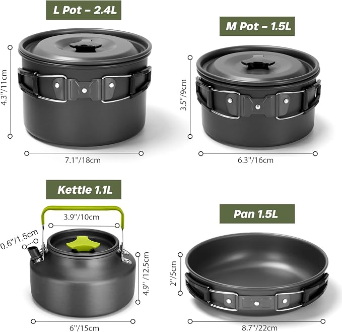 Odoland 29pcs Camping Cookware Mess Kit, Non-Stick Lightweight Pots Pan Kettle, Collapsible Water Container and Bucket, Stainless Steel Cups Plates Forks Knives Spoons for Outdoor Backpacking Picnic
