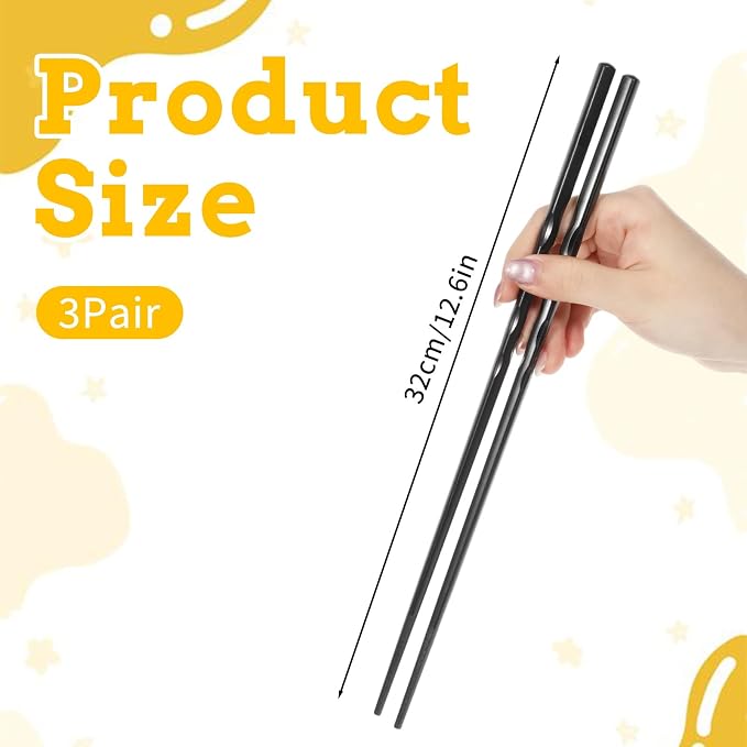 3 Pairs 12.6 Inches (32cm) Long Chopsticks, Black | Cooking Chopsticks Long Reusable Extended Chopstick For Cooking Japanese Chinese Extended Anti-Slip Chopstick For