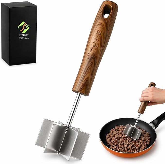 Stainless Steel Meat Chopper & Masher, 6-Blade, Full Grip, Dishwasher Safe