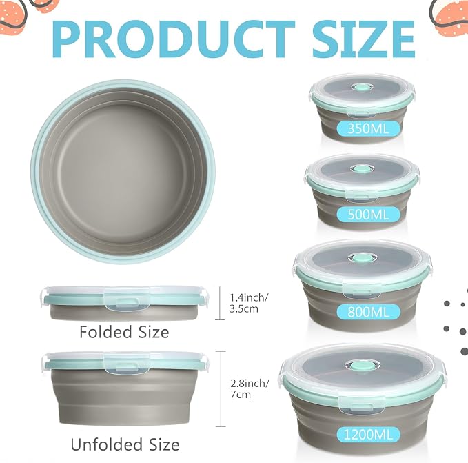 4 Pcs Collapsible Bowls with Lids Silicone Camping Food Storage Container Expandable Folding Salad Lunch Box Travel Container for Hiking Camping