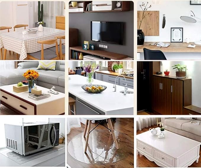 NECAUX Custom Multisize 1.5mm Thick Clear PVC Table Cover Protector - 48 x 96 Inch Kitchen Wood Grain Vinyl Table Cover Rectangular Table Pad for 8 Foot Dining Room Table/Meeting Table