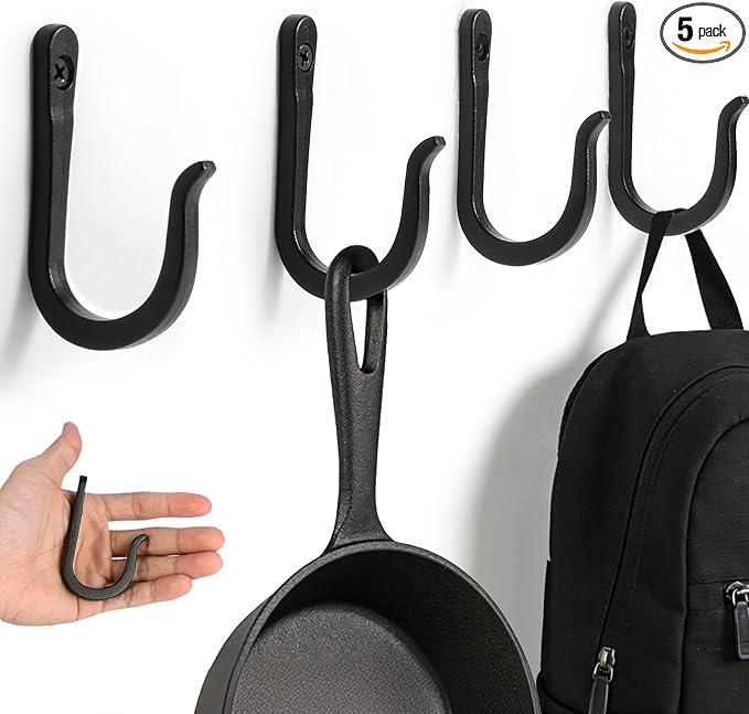 5 Pack Heavy Duty Wall Hooks, Decorative Coat Hooks, Hooks for Hanging Cast Iron Skillets, as Well as Backpacks, Coats, etc, Multi-Layer Electroplated, Indoor and Outdoor Use(Black)