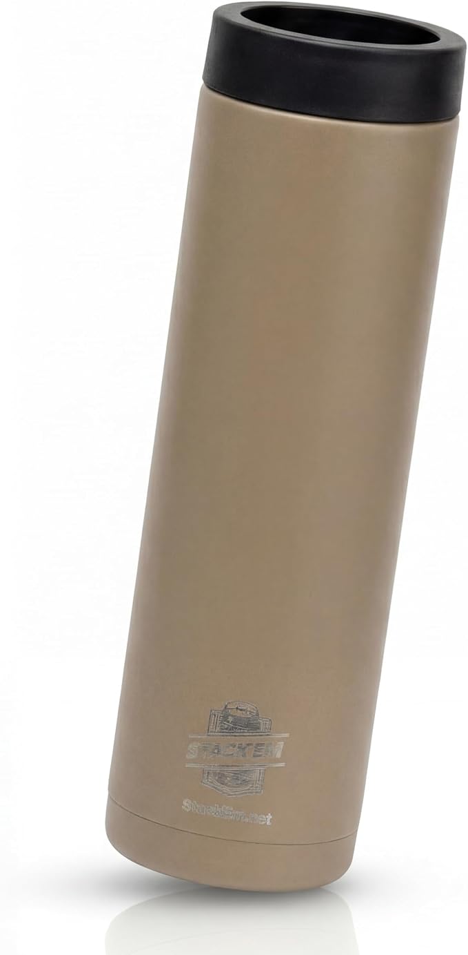 Stack'Em Patented Double Can Cooler Insulator - Holds Two 12 oz Cans - Stainless Steel Stackable Thermocooler - Reusable Drink Holder for Beer, Seltzer, Soda, Energy Drinks (Tan)