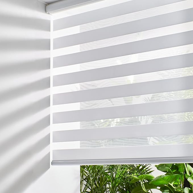 Persilux Cordless Zebra Blinds for Windows, Free-Stop Dual Layer Zebra Roller Shades (25" W x 72" H, White) Light Filtering Sheer Shades, Room Darkening Roller Blinds for Office and Home