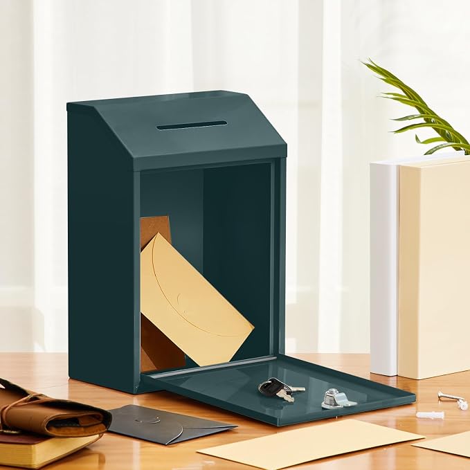 Yaocom Metal Money Box,Dark Green,11.81 x 8.58 x 4.72 Inch,No Lid | Wall Mounted Drop Donation Cash Box for Farm Stand Collection Safe Suggestion Box with Lock Container for Home Office Outdoor