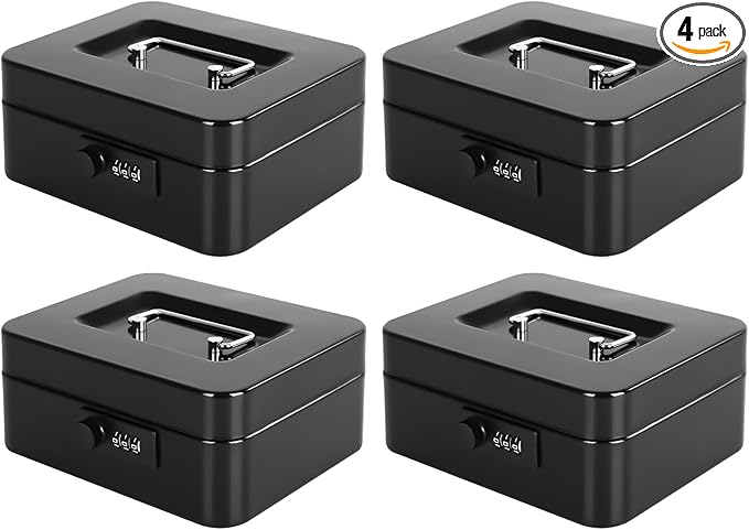 KYODOLED Metal Cash Box with 3-Digit Combination Lock & Money Tray - Secure Safe for Home, Office & Events, Ideal for Cash, Meds & Small Items, 7.87" x 6.30" x 3.35", Black, Cold-Rolled Steel, 4PACK