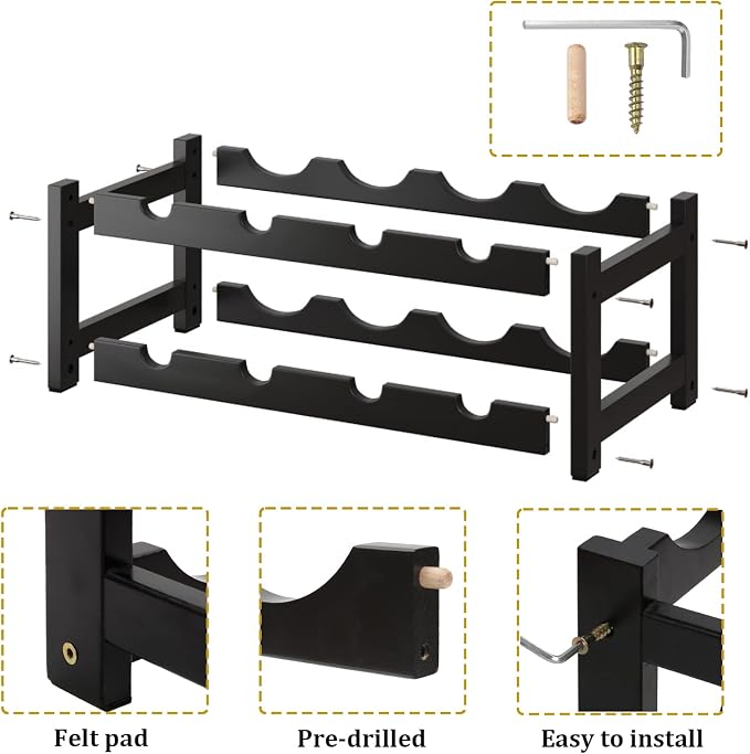 BAMEOS Wine Rack Freestanding 8 Bottle 2 Tier Bamboo Wine Racks Countertop Cabinet Wine Holder Wine Storage Shelf for Kitchen, Bar, Pantry, Wine Cellar, Countertop Black (16.85 L x 9.25W x 7H)