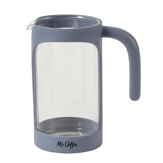 Mr. Coffee Retro Brew French Press Coffee Maker, 31-Ounce Glass Carafe with High Heat Resistant Durable Borasilicate Glass & Blue Frame and Plunger, Includes Coffee Scoop