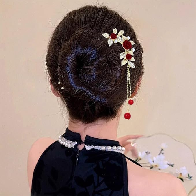 Lawie 10 Pack Cute Flower Butterfly U Shaped Gold Metal Hair Fork Pins Curved Chopsticks for Hair Sticks with Dangles French Hair Pins Bun Holder Decorative Hair Accessories for Women Girls (Red)