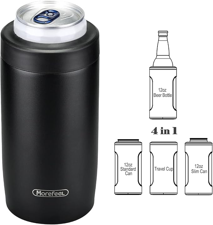 Morefeel 4-in-1 Insulated Can Cooler for 12 oz Cans & Bottles | 304 Stainless Steel Can Holder Fits 12 Oz Slim Cans, Standard Cans, Beer Bottles & Works as A Open Cup; Dishwasher Safe