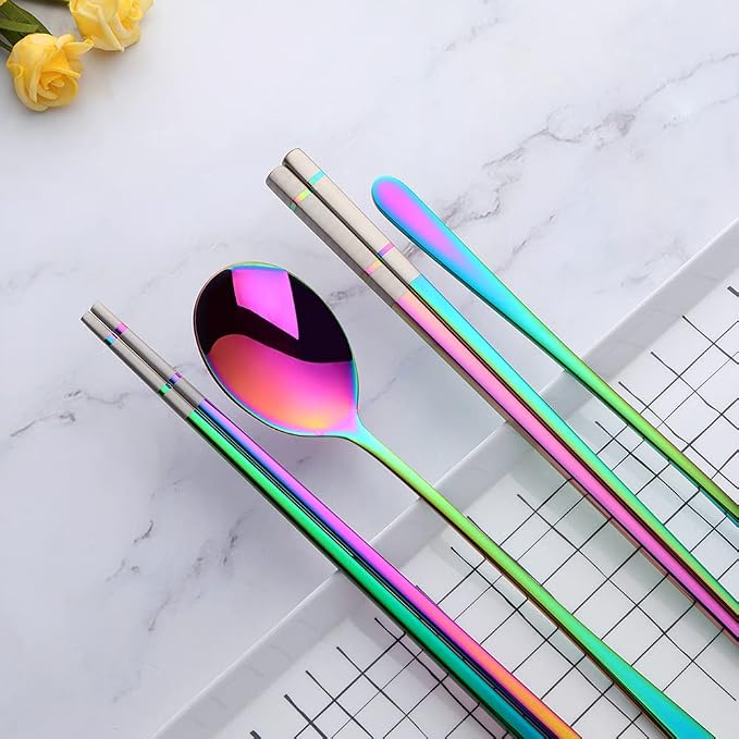 Buyer Star Stainless Steel Korean Chopsticks Spoons and Fork Set, 2 Pack Reusable Forks and Spoons Silverware Korean Utensil Set, Portable Utensils Dinnerware for Home (Rainbow)