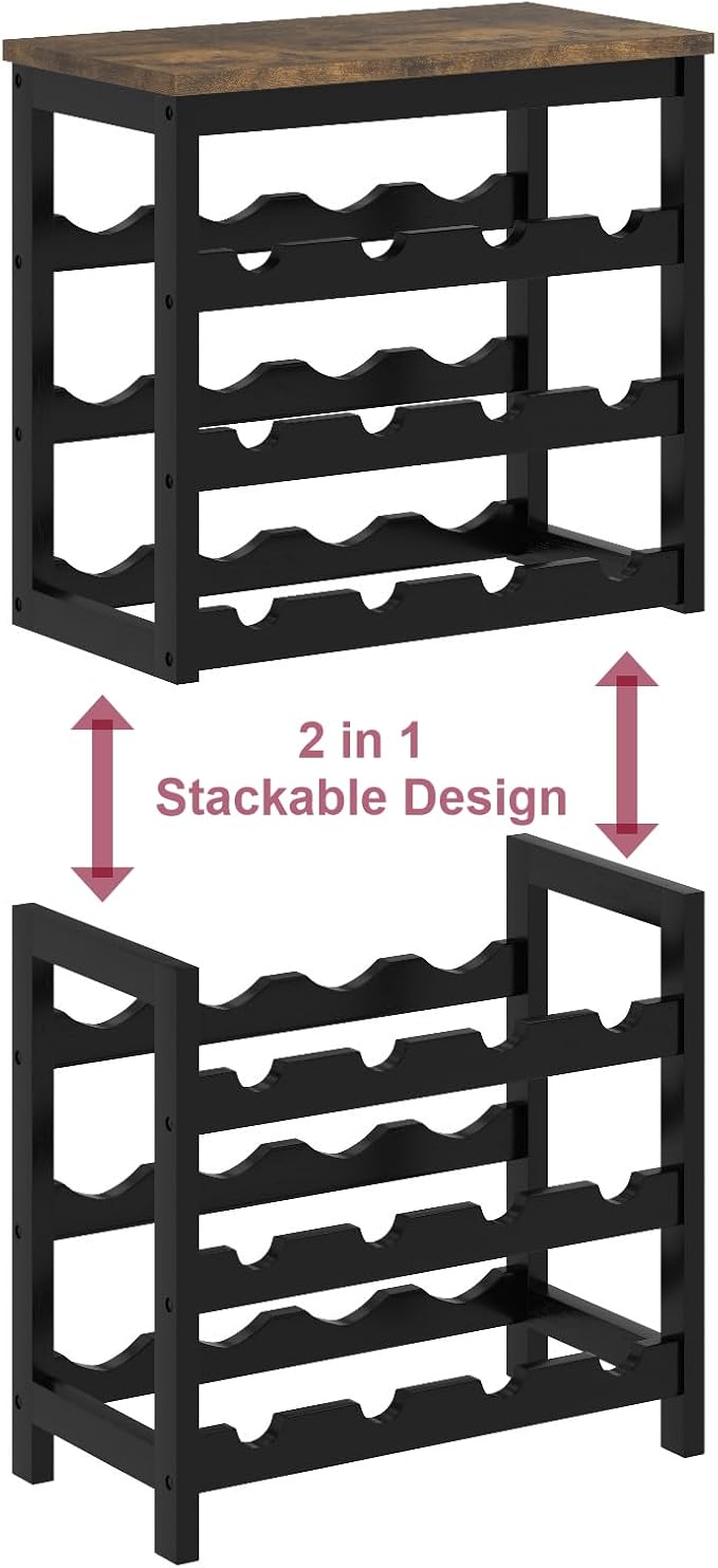 MOGELAFOO 6 Tier Bamboo Wine Rack Freestanding Floor, 24 Bottles Wine Storage Shelves with Table Top, Stackable Wine Display Rack for Kitchen, Bar, Dining Room, Rustic Brown and Black