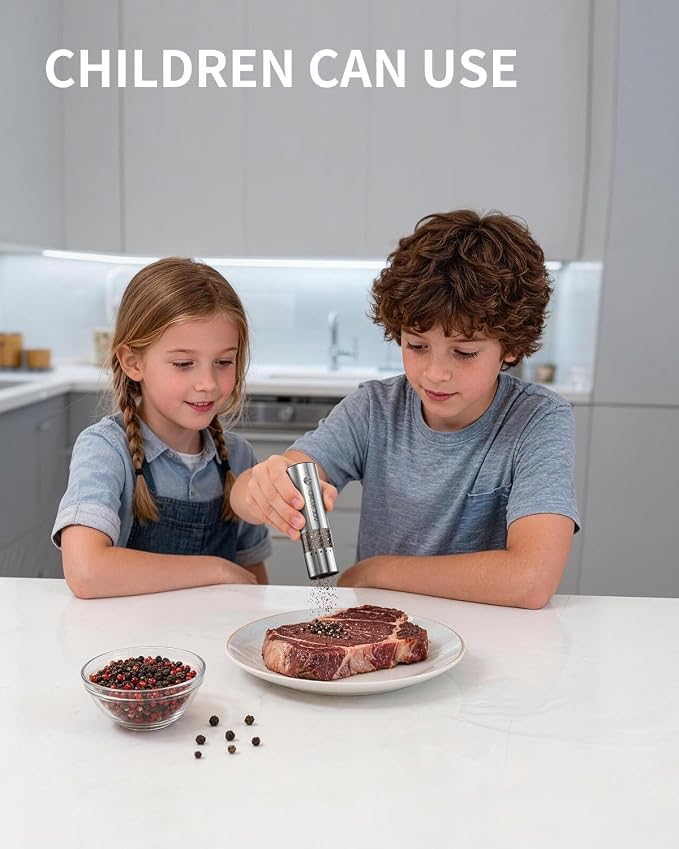 CIRCLE JOY Mini Rechargeable Salt and Pepper Grinder Set with Wooden Base, Dust Cover and External Adjustment, Stainless Steel Electric Pepper Mill Grinders for Kitchen, Outdoors and Travel, Silver