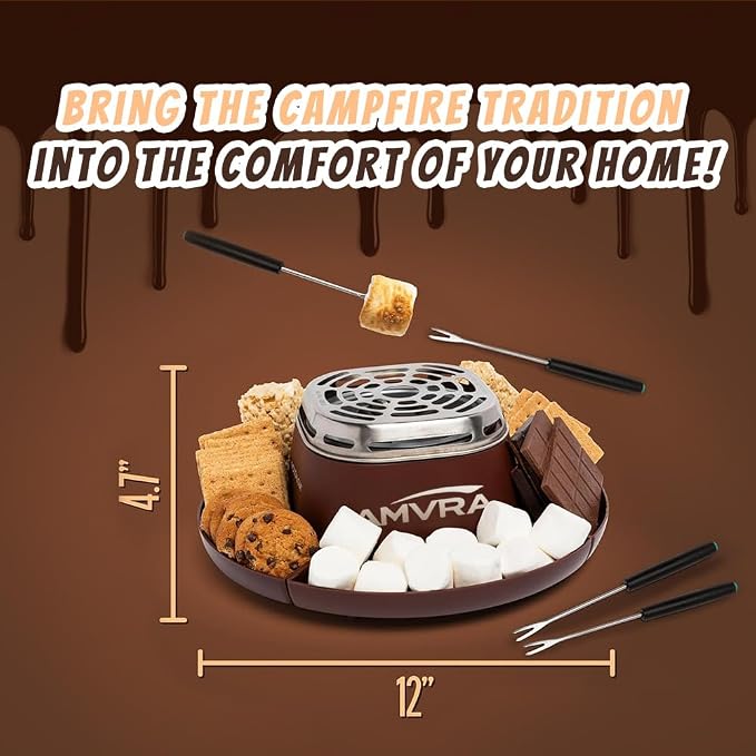 AMVRA Indoor Electric S'Mores Maker Smores Kit with 4 Stainless Steel Marshmallow Roasting Sticks and 4 Trays for Graham Crackers, Chocolate, and Marshmallows - Movie Night Supplies - Brown